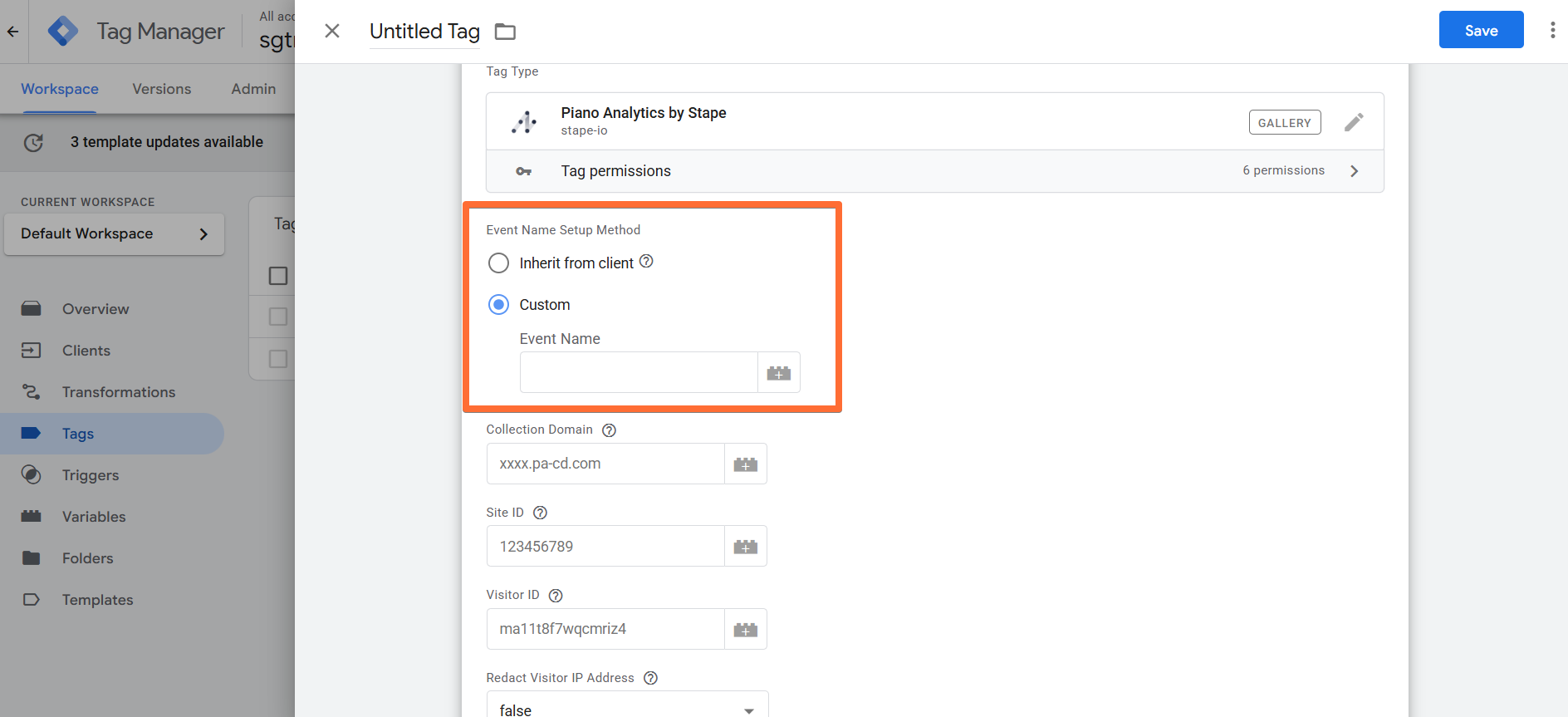 Options for configuring the Event Name Setup Method 