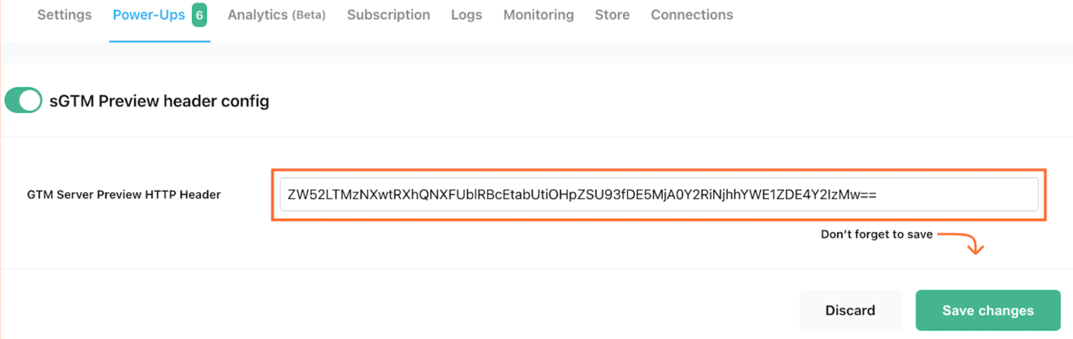 Incollare l’intestazione HTTP X-Gtm-Server-Preview copiata dall’anteprima sGTM