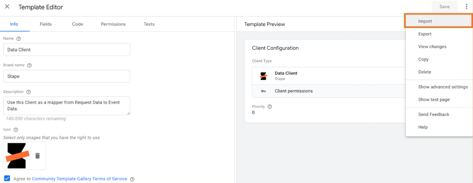 Selezionare Importa e scegliere il modello di data client