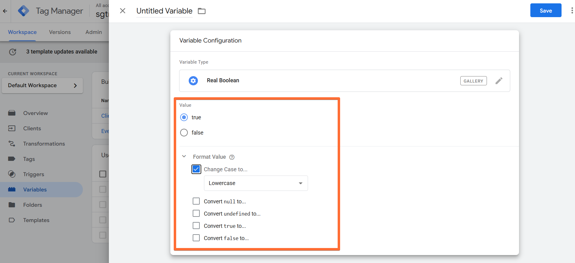Configuring the Real Boolean variable
