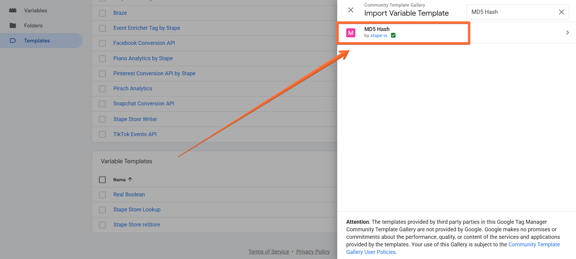 Search for the MD5 Hash variable by Stape
