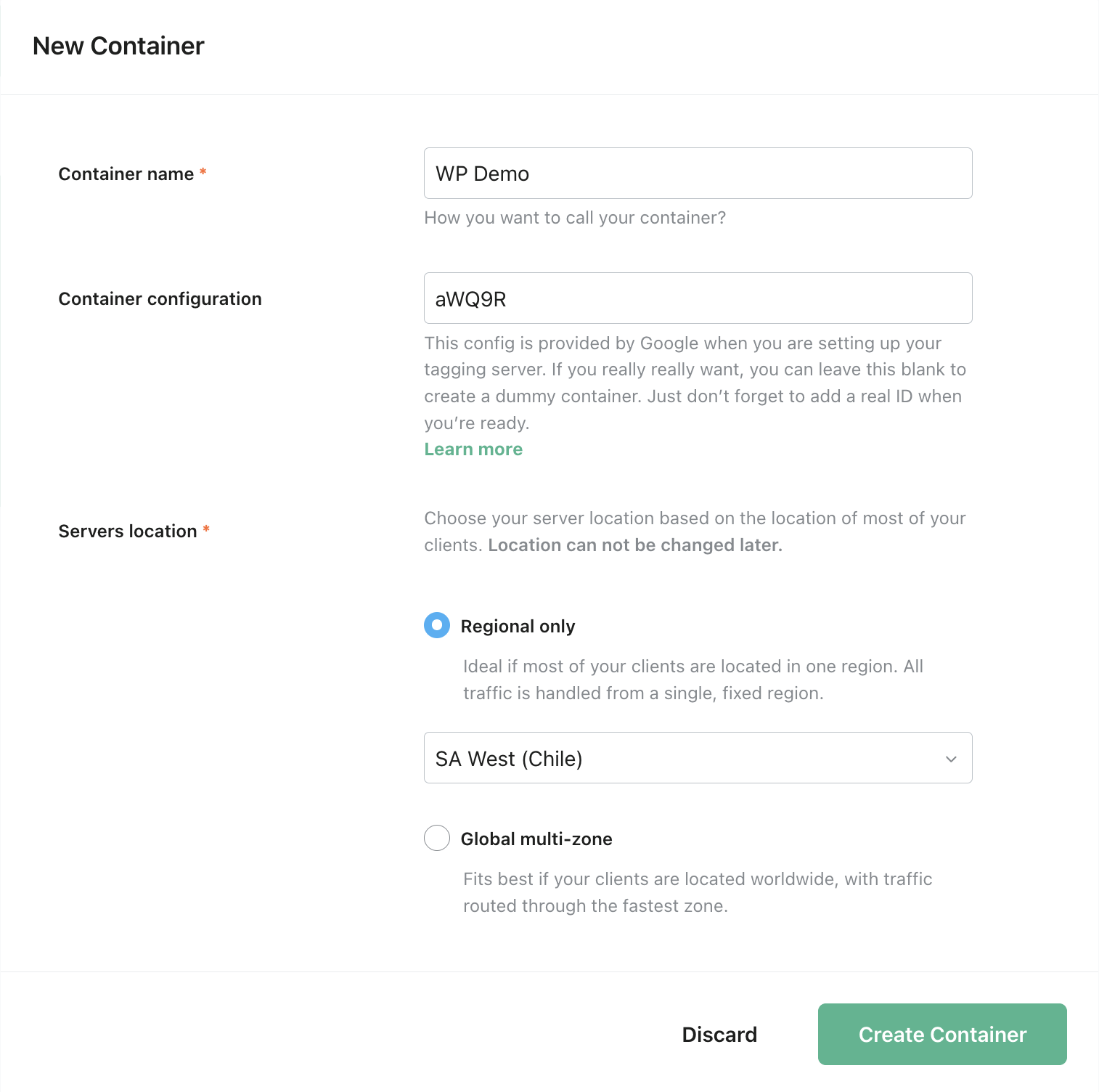 Enter the container information