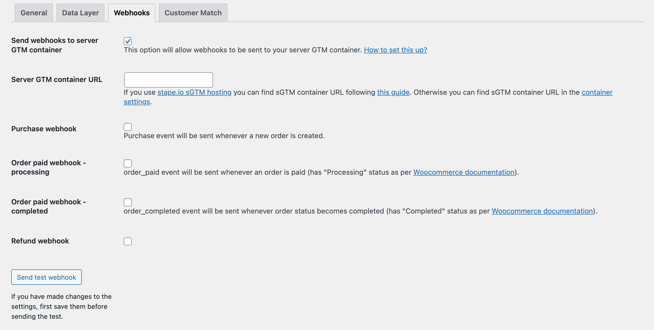 Sends Purchase and Refund webhook to the server GTM container.