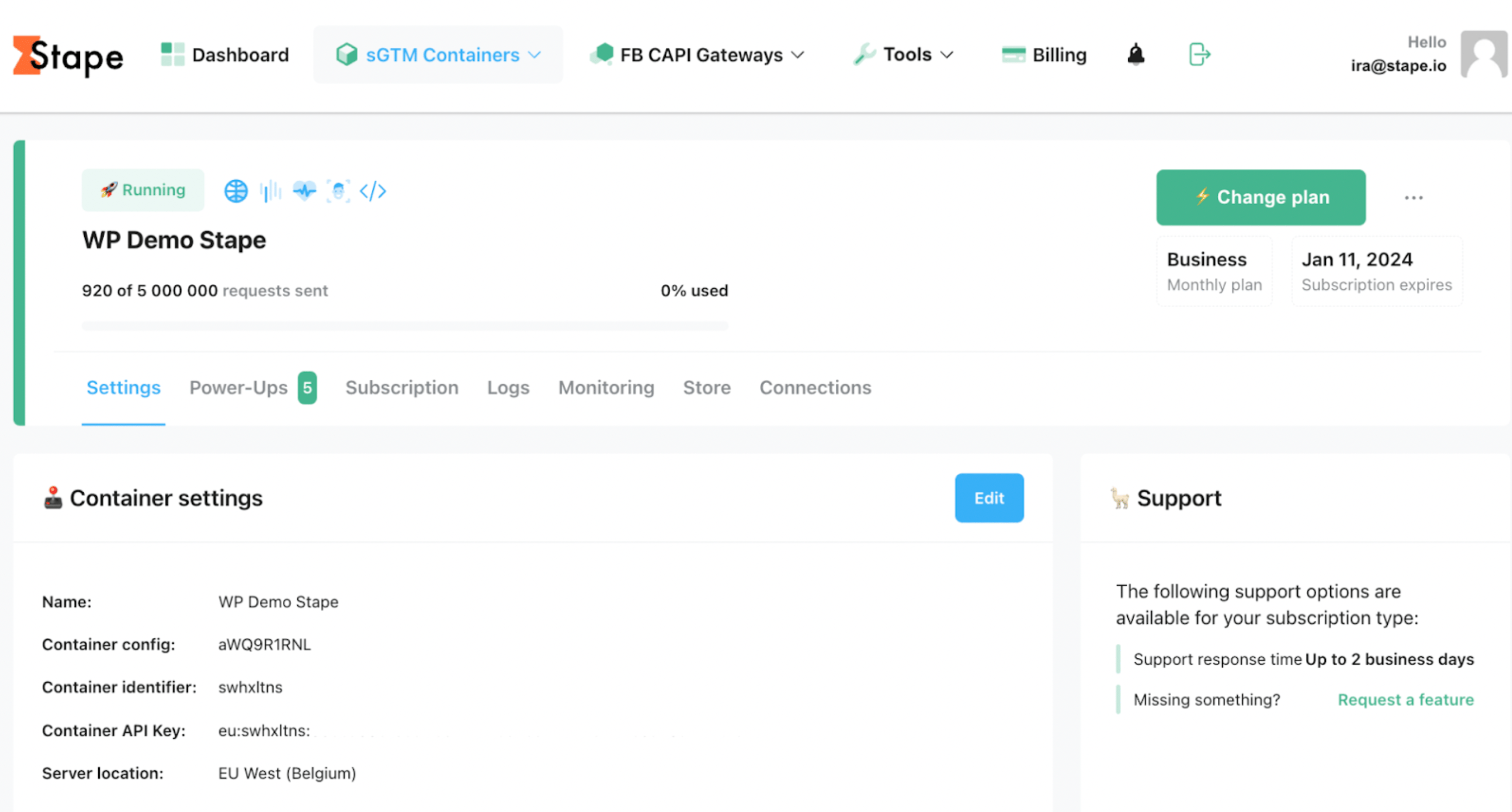Configured container on Stape
