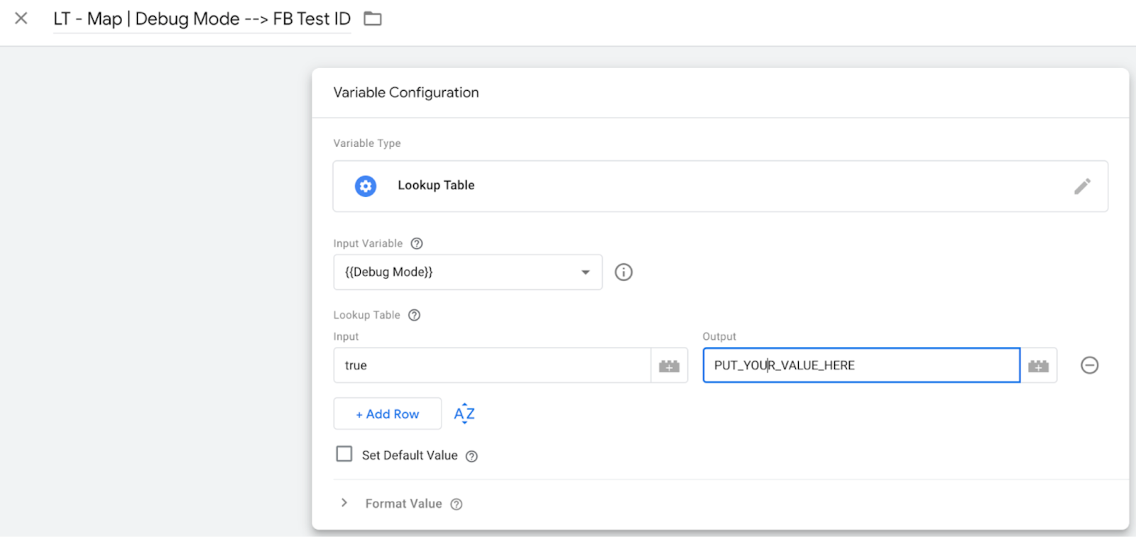 LT - Map | Debug Mode → FB Test ID variable
