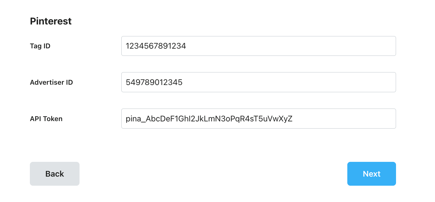 Example of Pinterest fields configuration