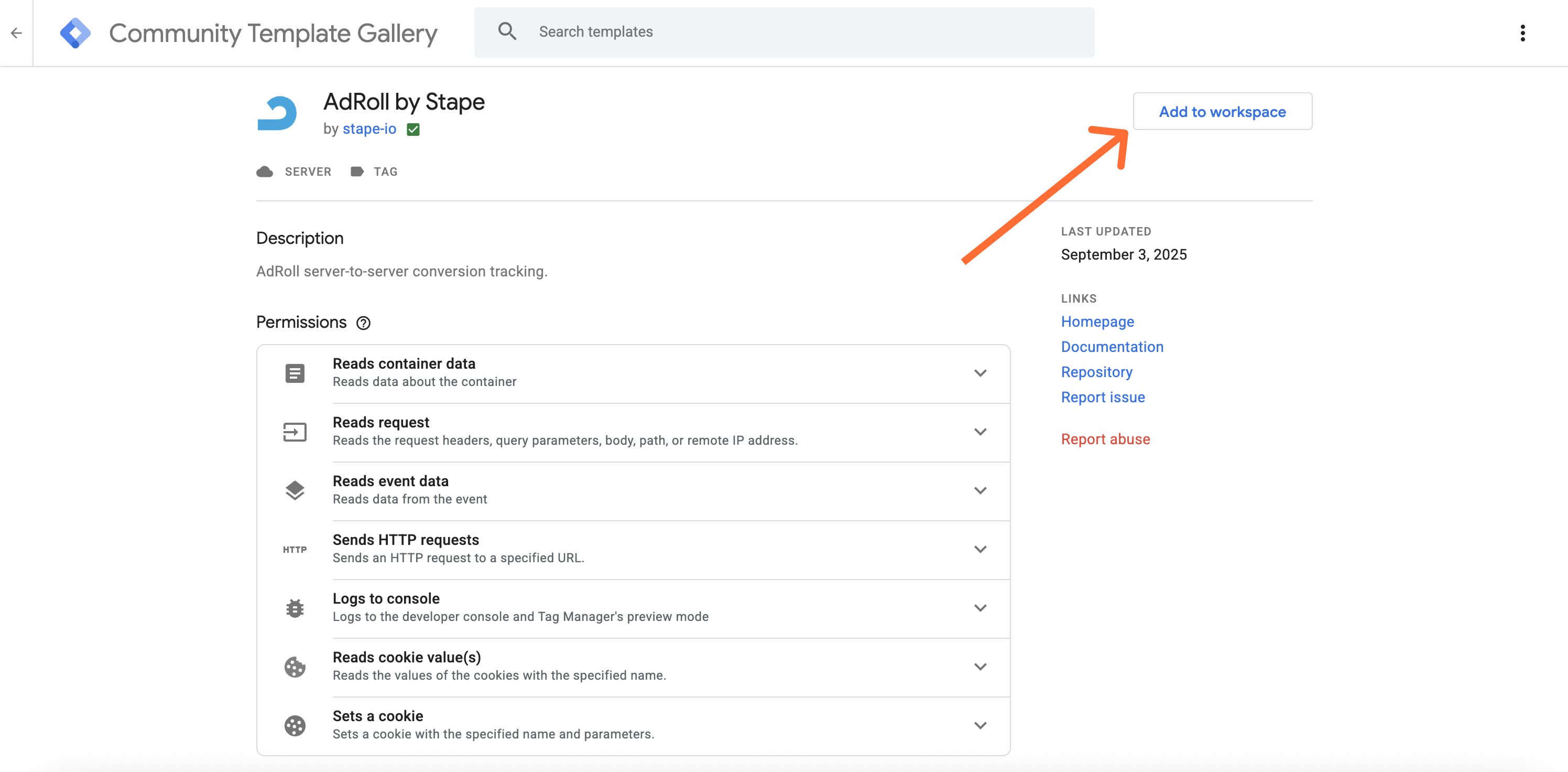 Click 'Add to workspace' to add the AdRoll tag