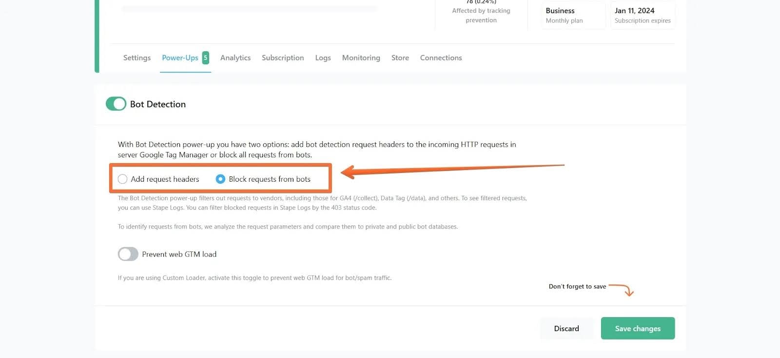 Select "Add request headers" or "Block requests from bots" and save your changes