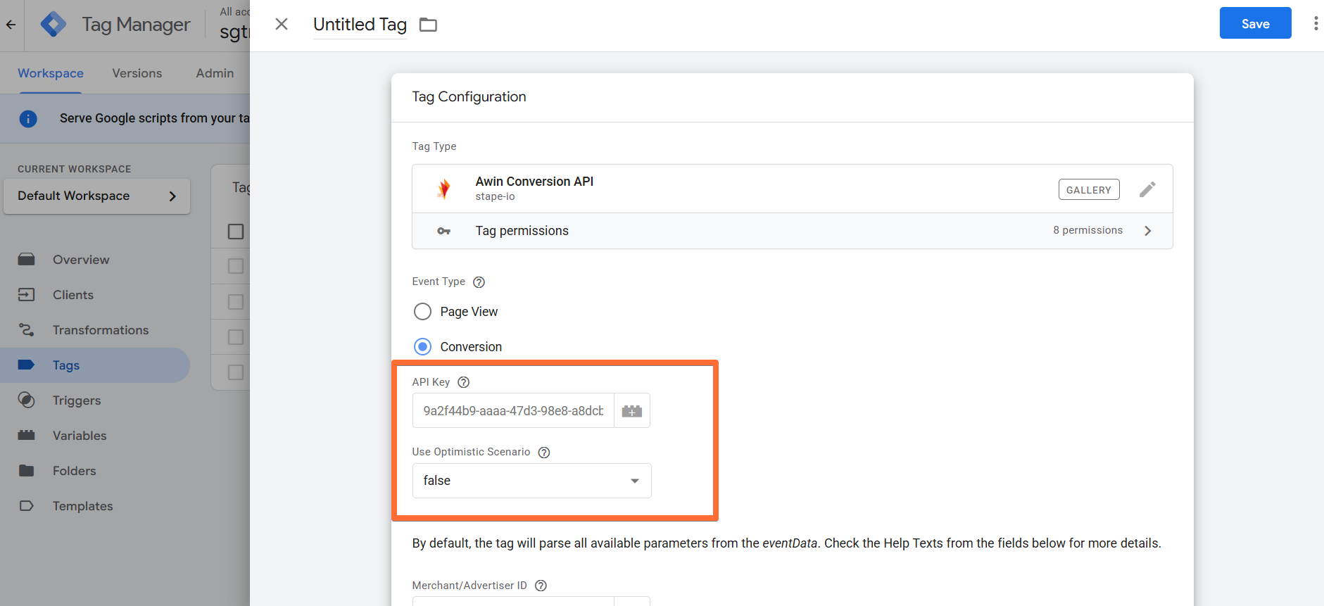 Basic settings for the Conversion event type