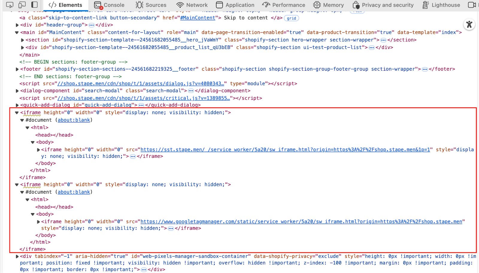 iframes dans l’onglet Elements de DevTools