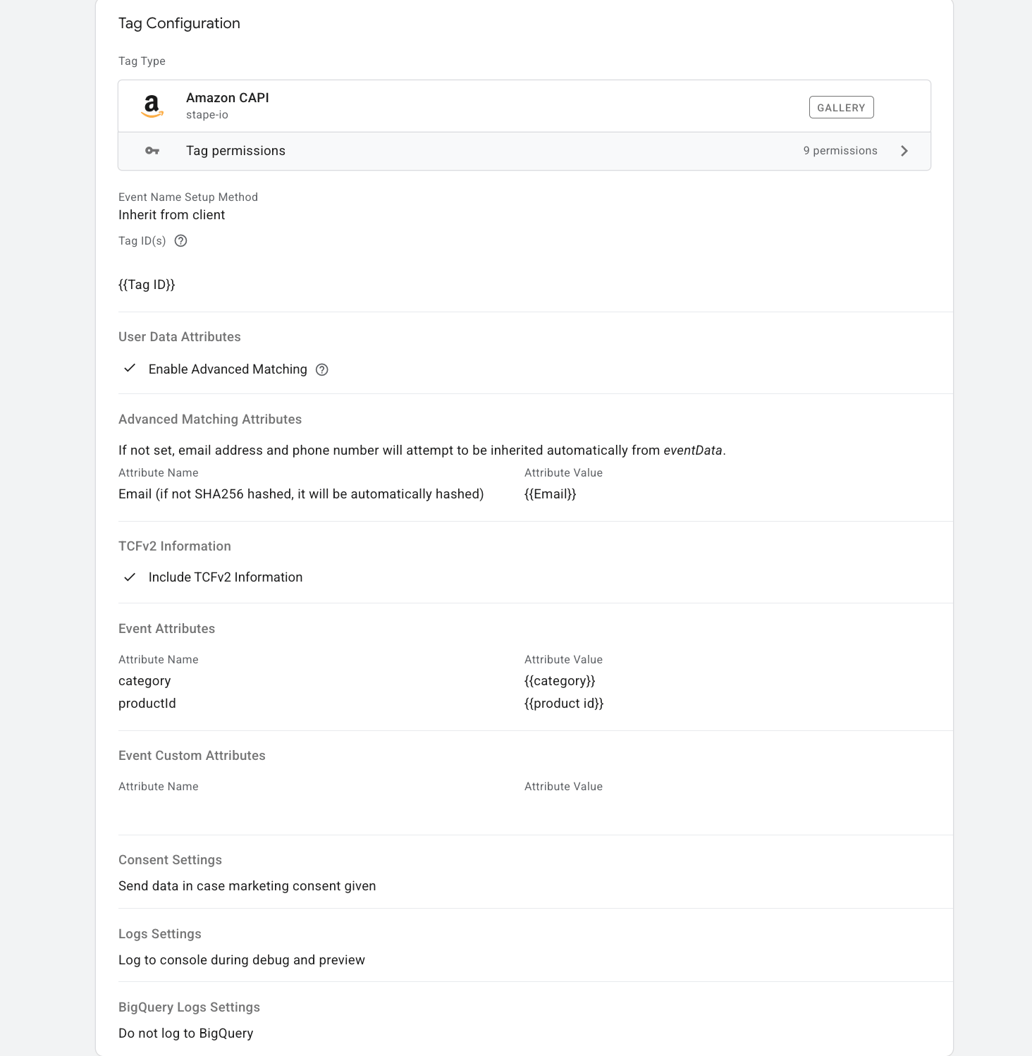 Example of Amazon CAPI tag configuration