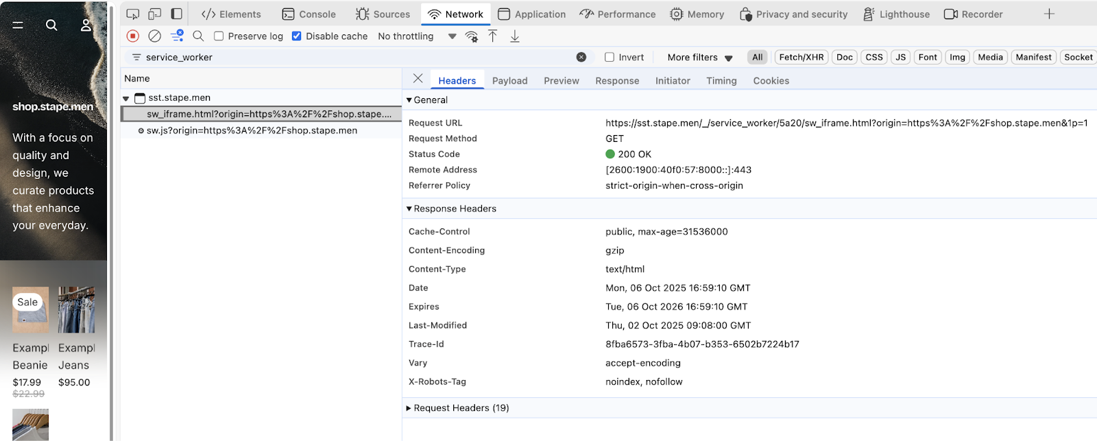 Service Worker depuis le domaine first-party de sGTM dans l’onglet Network de DevTools