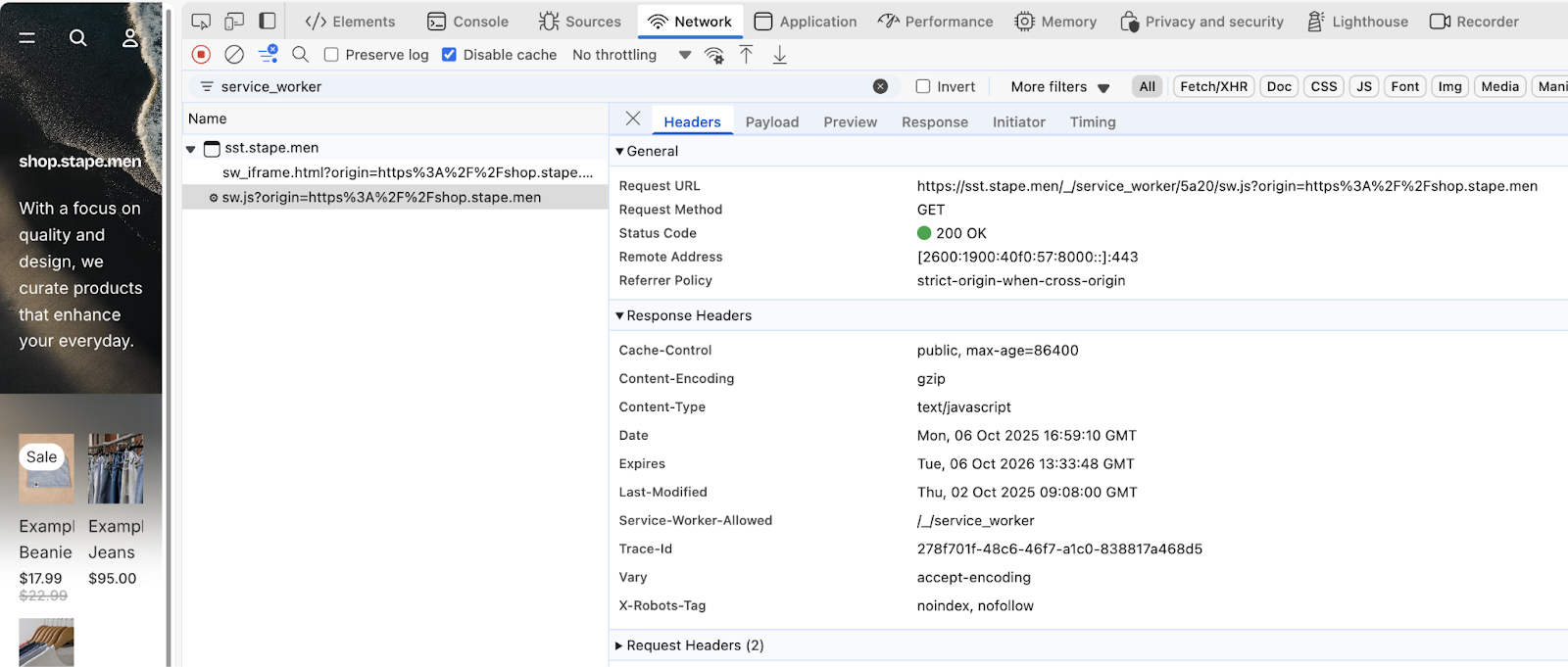 Service Worker depuis le domaine first-party de sGTM dans l’onglet Network de DevTools