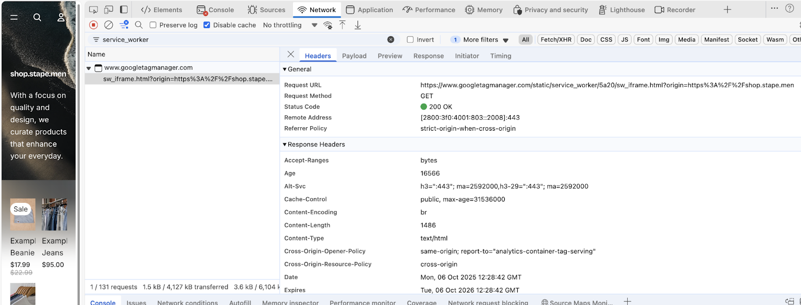Service Worker depuis le domaine googletagmanager.com dans l’onglet Network de DevTools