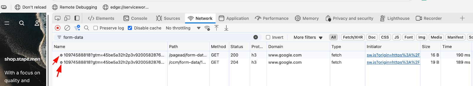 Icônes d’engrenage dans l’onglet Network de DevTools