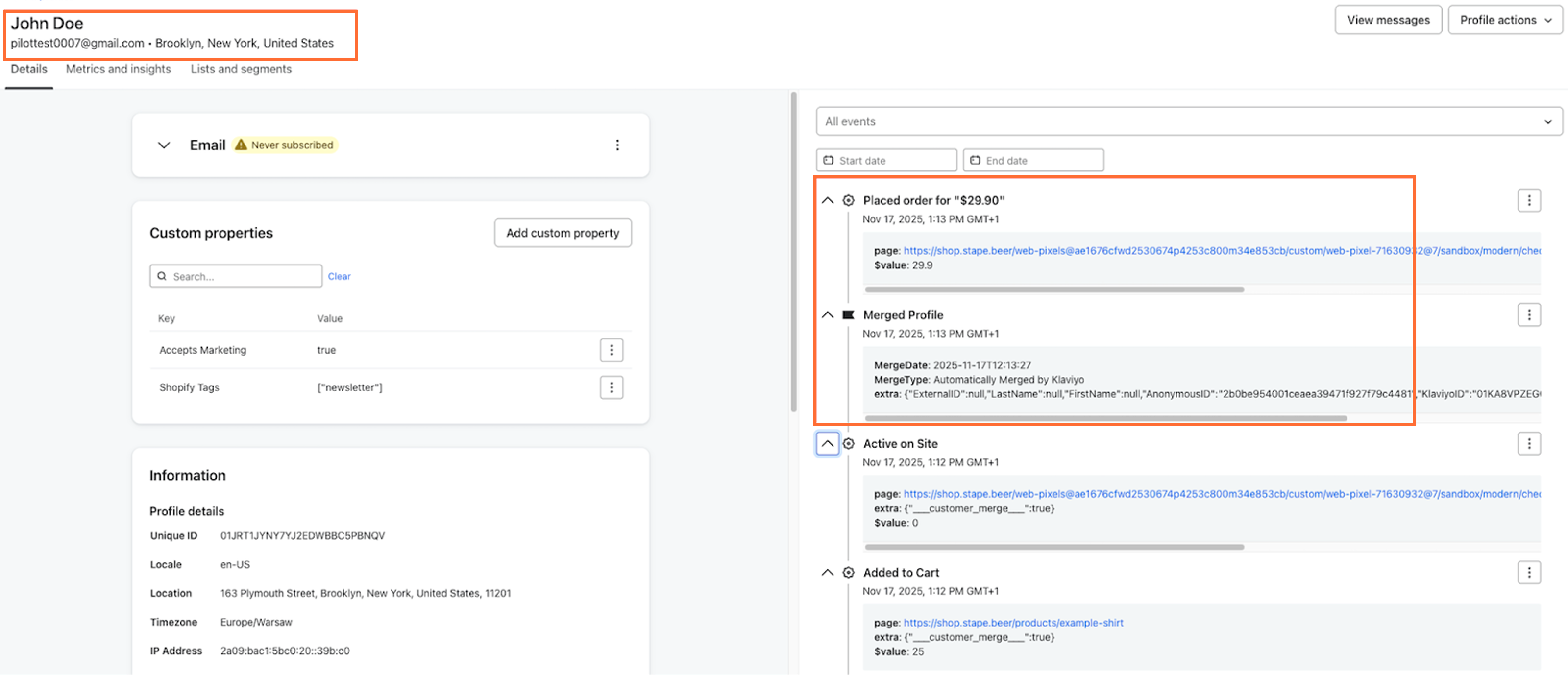 Profile merge in Klaviyo