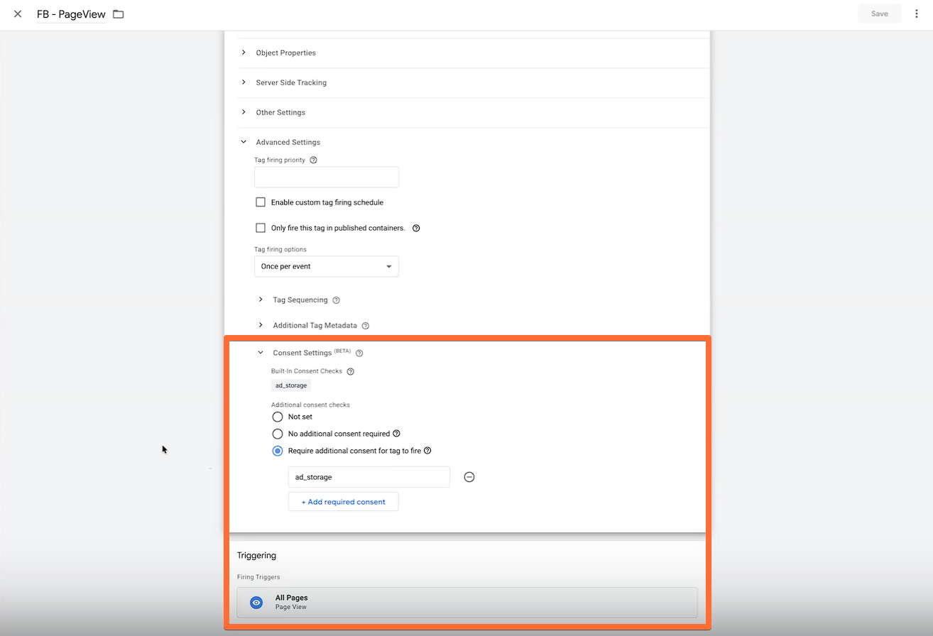 Consent setting with All pages trigger