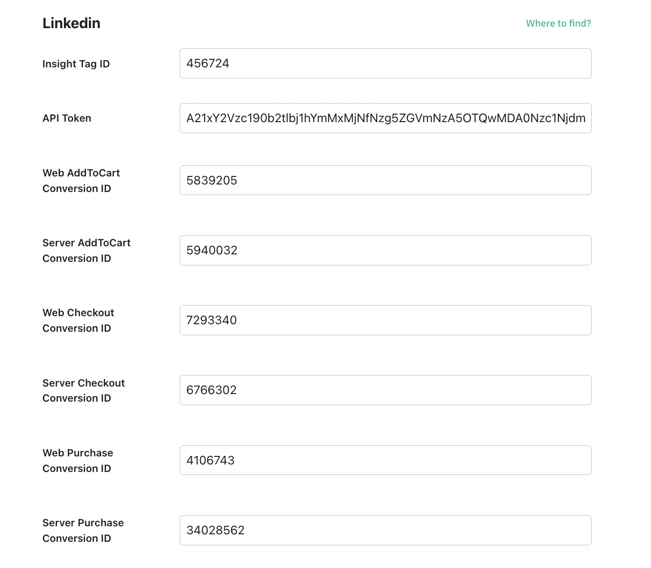 LinkedIn fields configuration for the eCommerce type