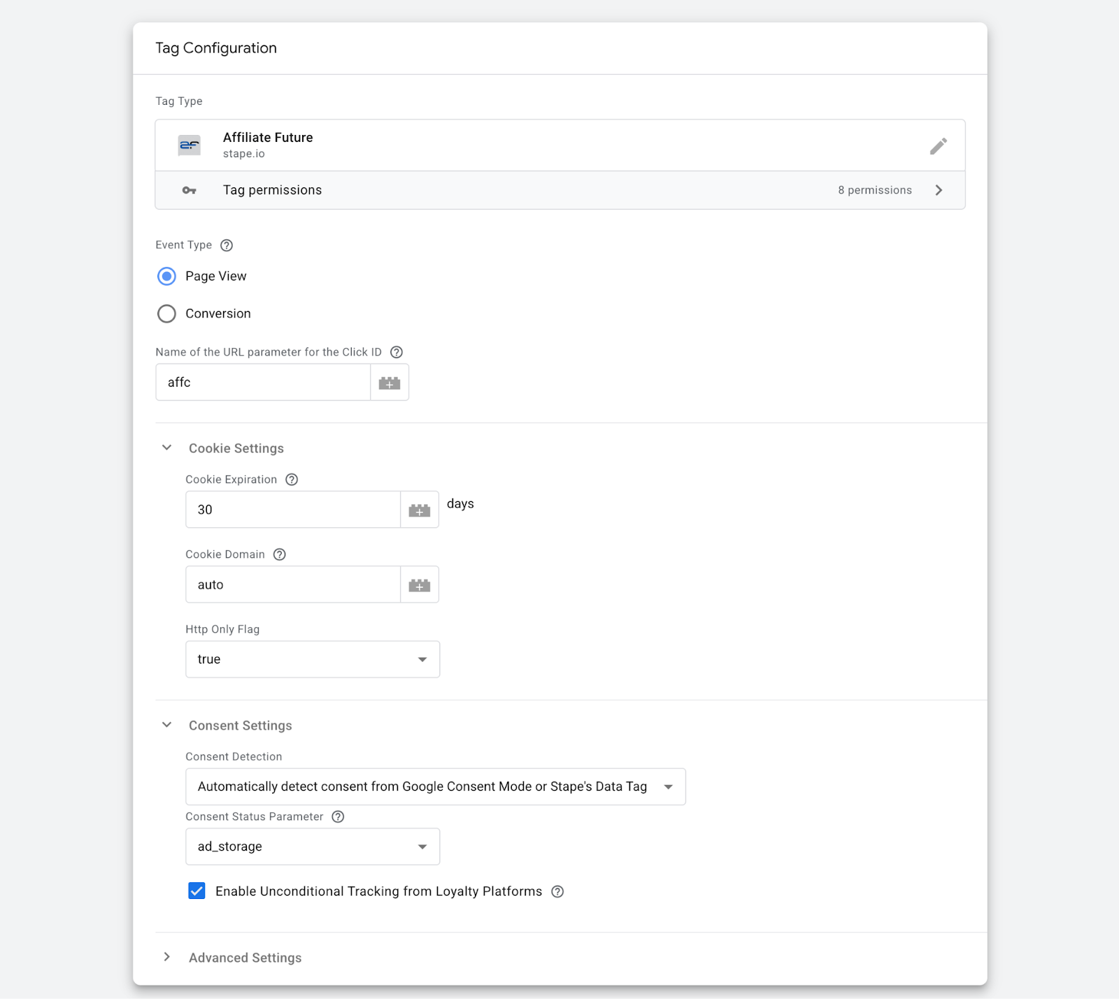Example of Affiliate Future tag configuration with Page View Event