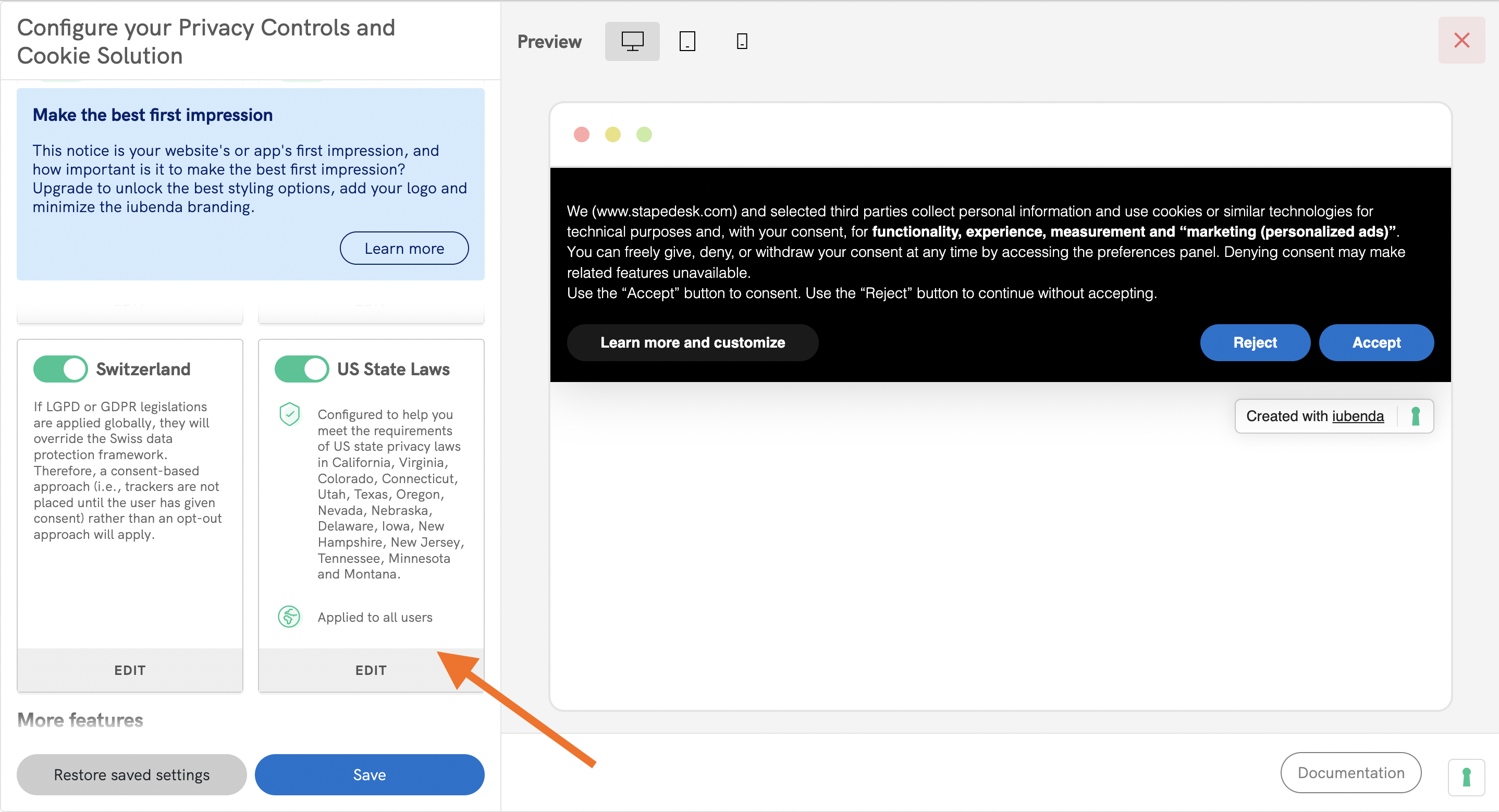 US State Laws toggle in iubenda