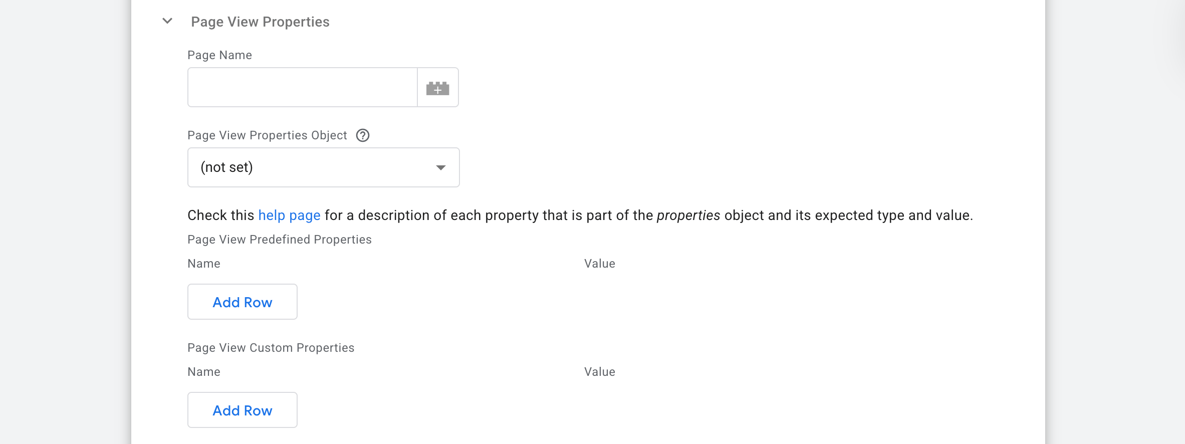 Page View Properties form to fill out