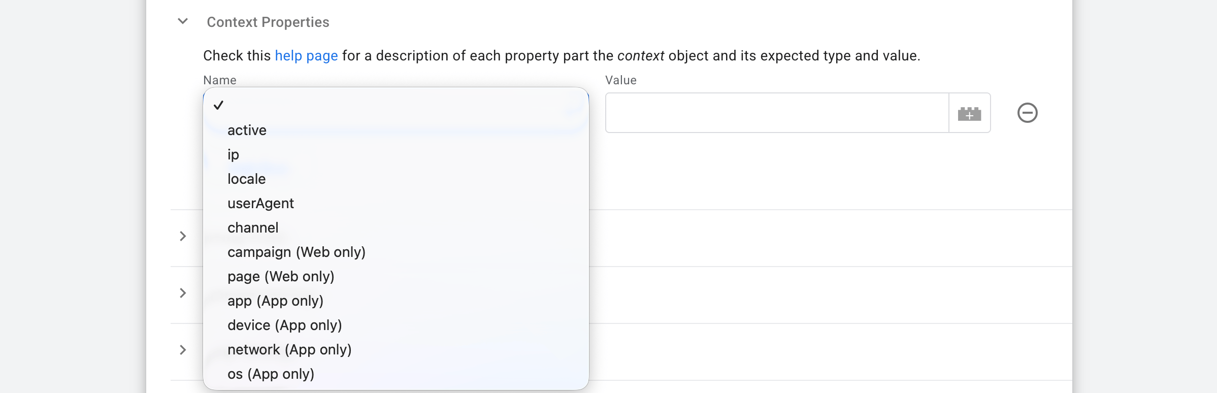 Context Properties section to fill out