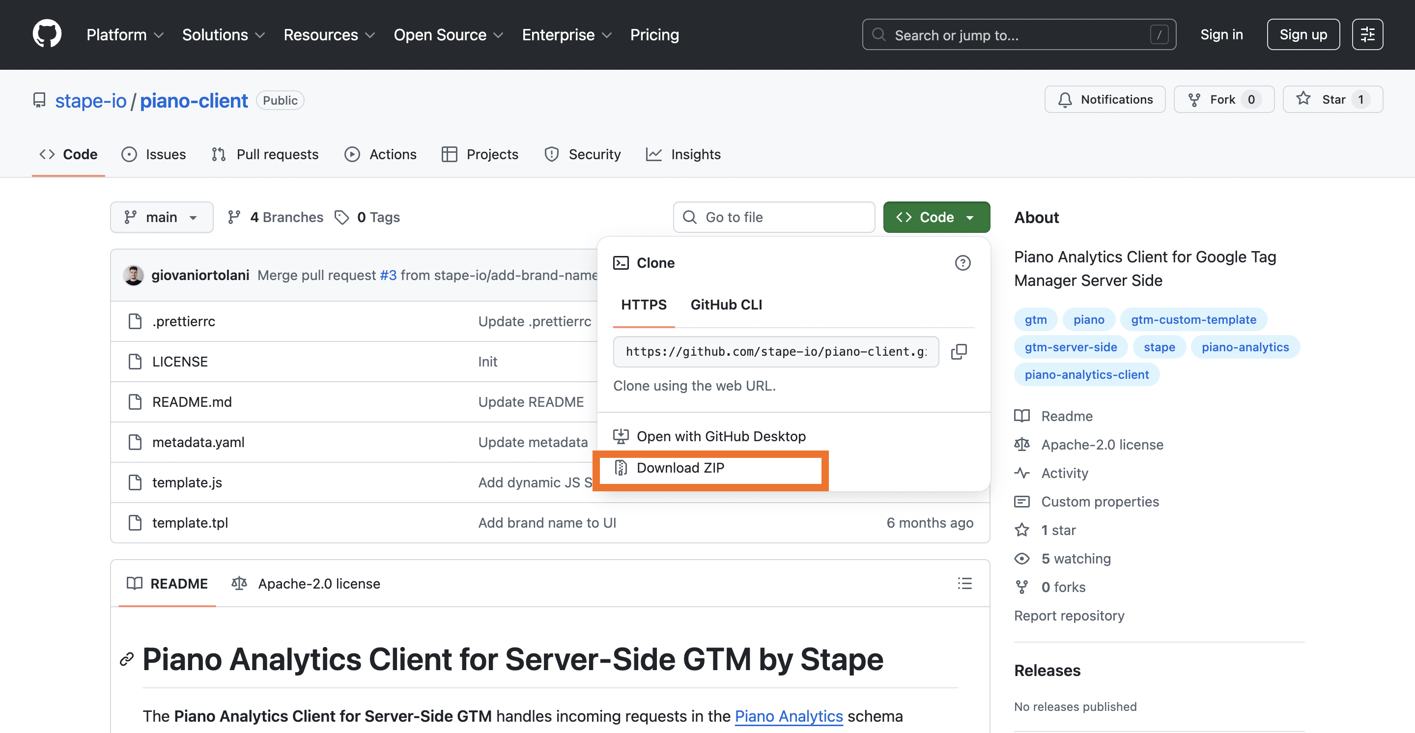 Download Piano Client template from GitHub