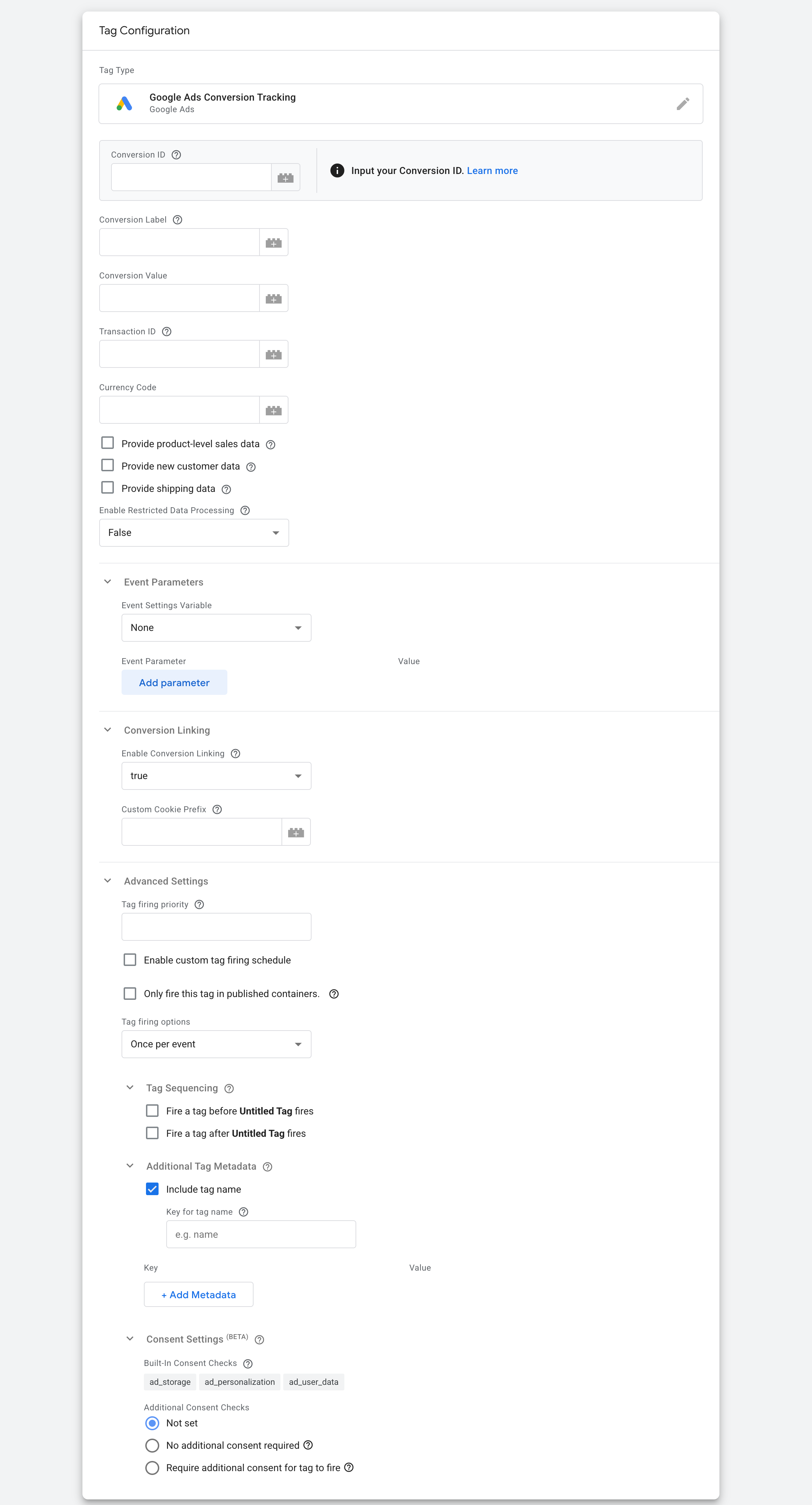 Google Ads Conversion Tracking tag form to fill out