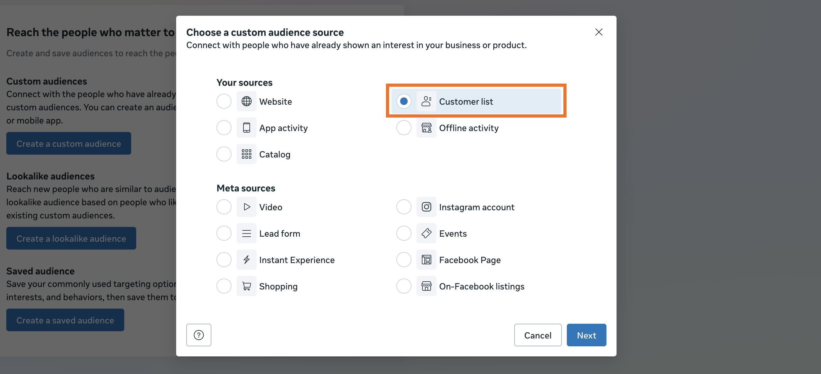 Customer List in Meta
