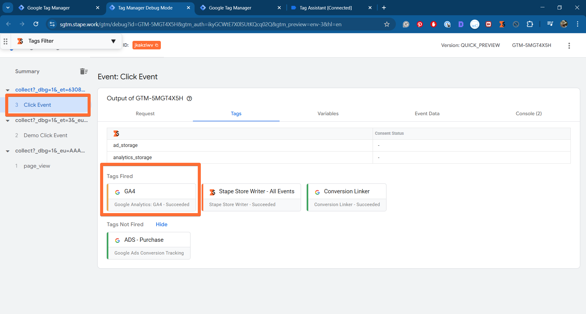 Tags Fired section in server GTM preview