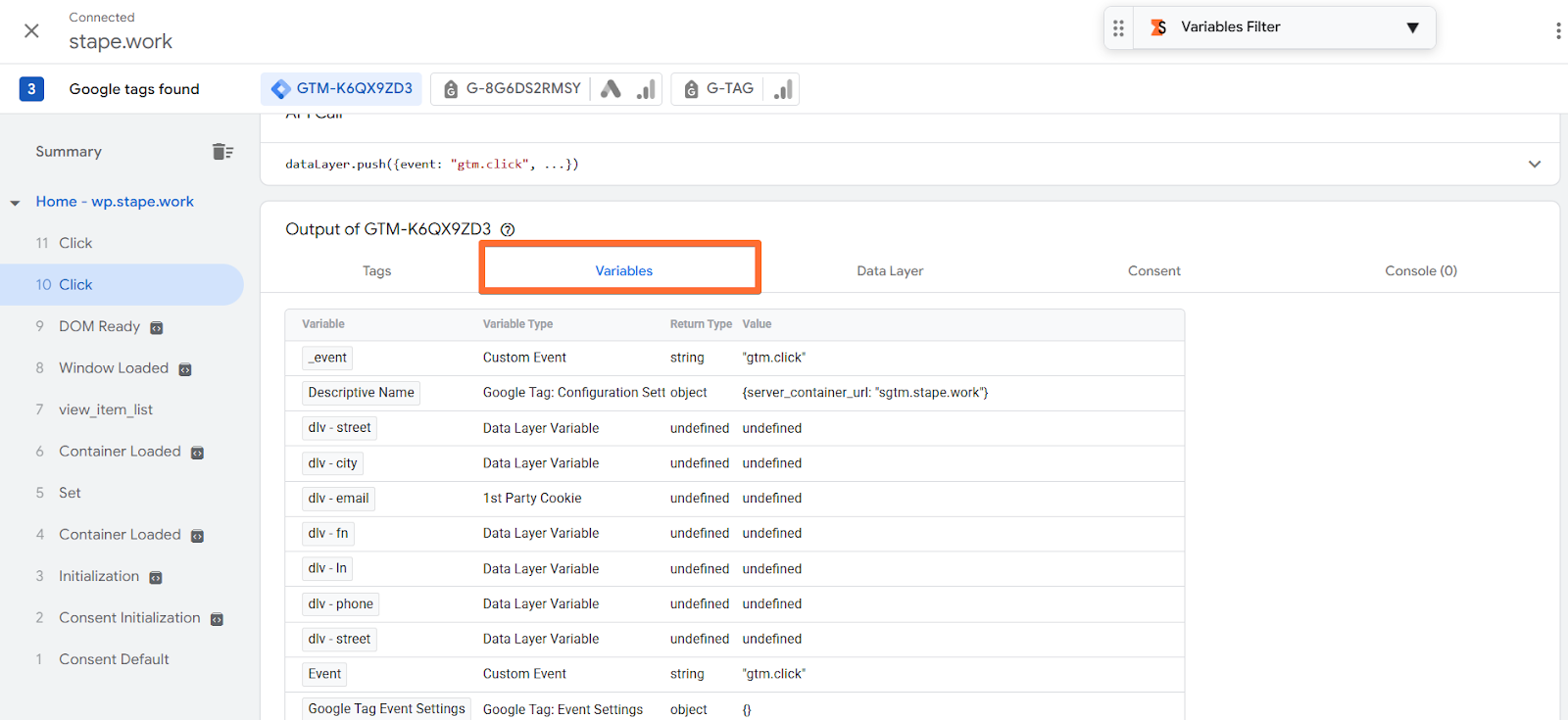 Variables tab