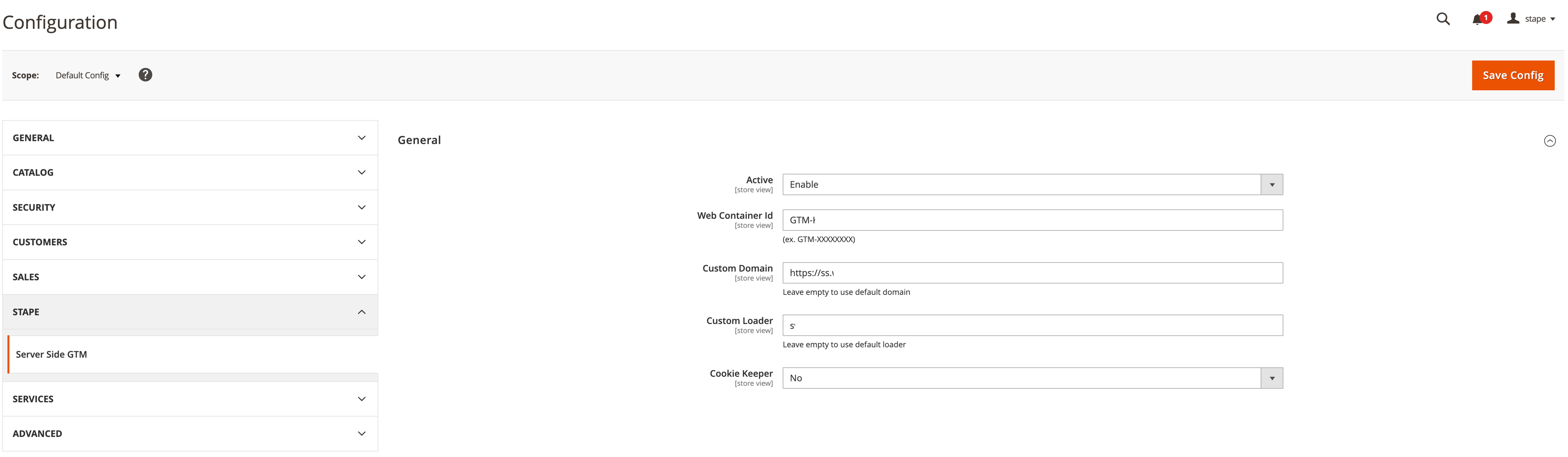 Container configuration in Magento account