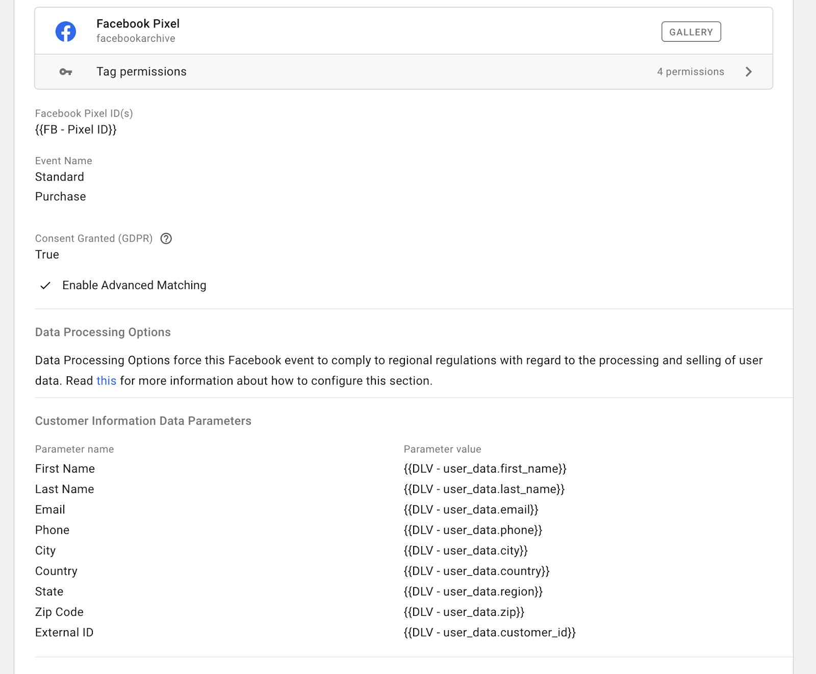 Add data to Facebook events in a web container