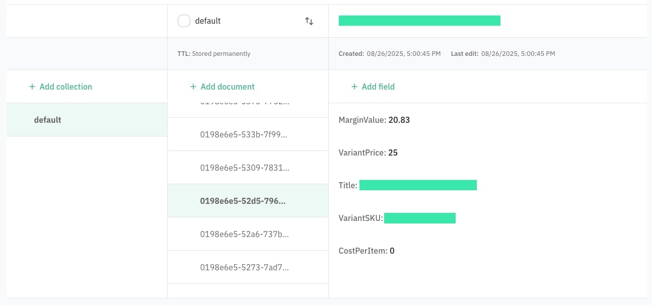 Product margin data stored inside Stape Store. Each document contains the product identifier and margin value