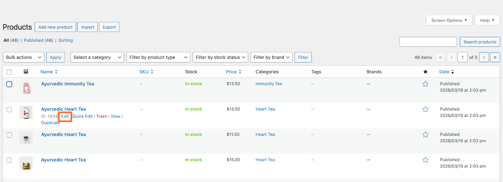Go to Products and hover over your product. Click Edit