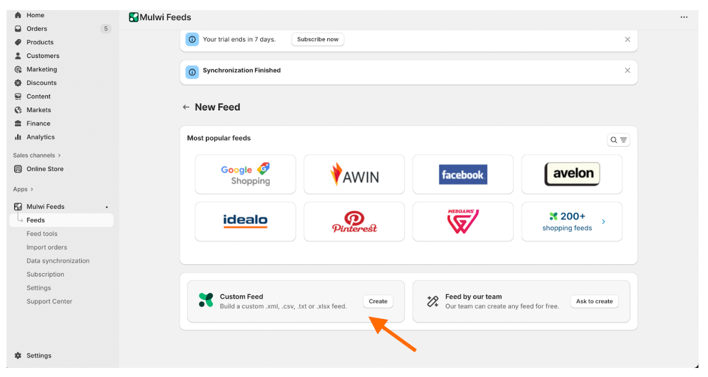 Click Create in the Custom Feed section. Select CSV as the file format, add an internal name and filename, and click Save