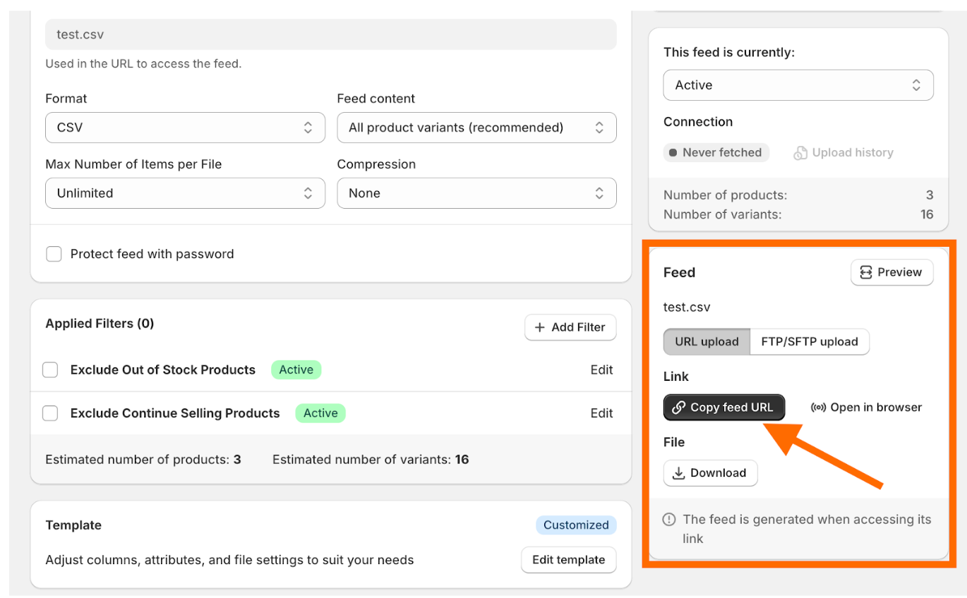 Click Copy feed URL