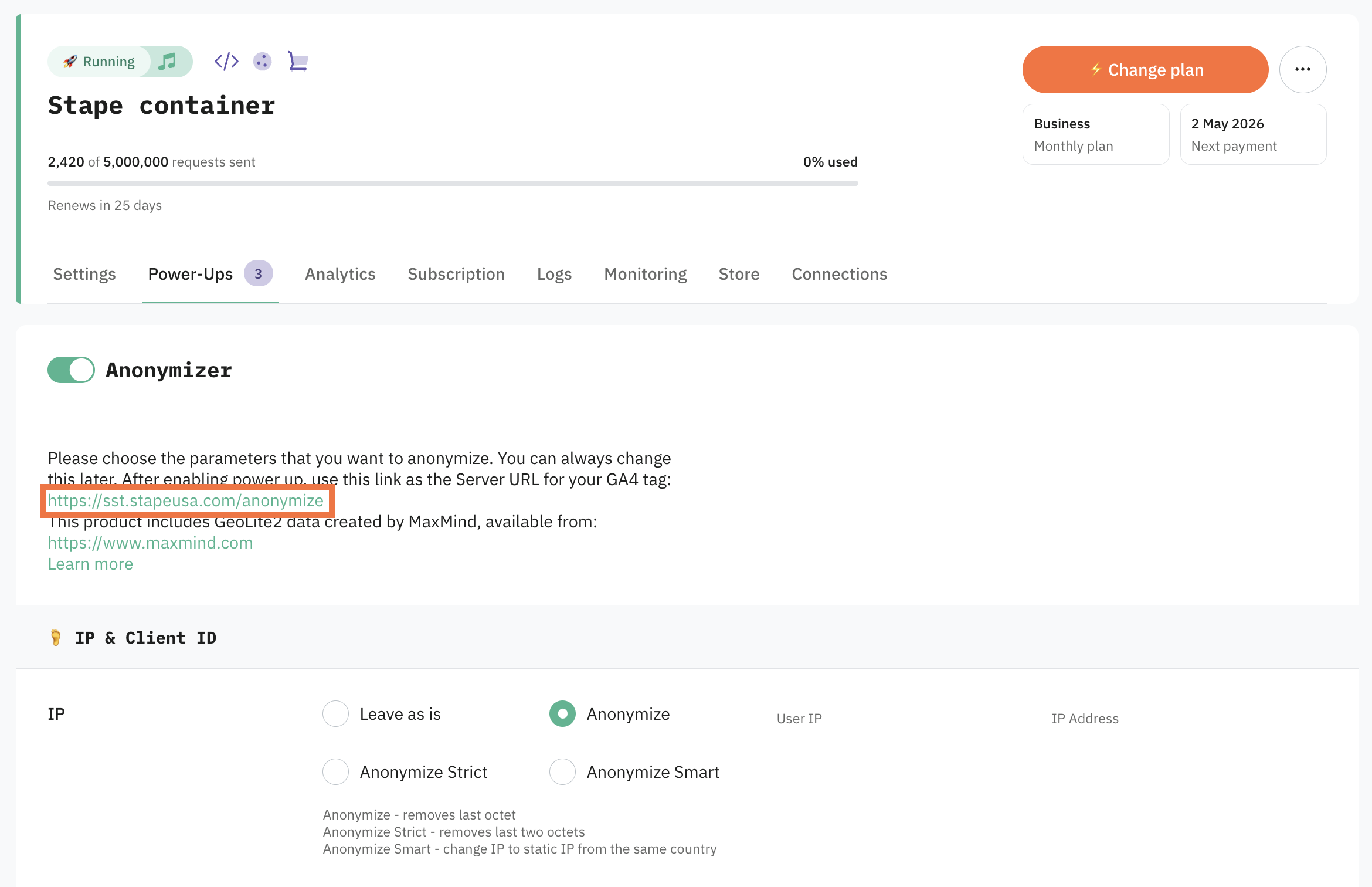 Copy the link shown under the Anonymizer switch