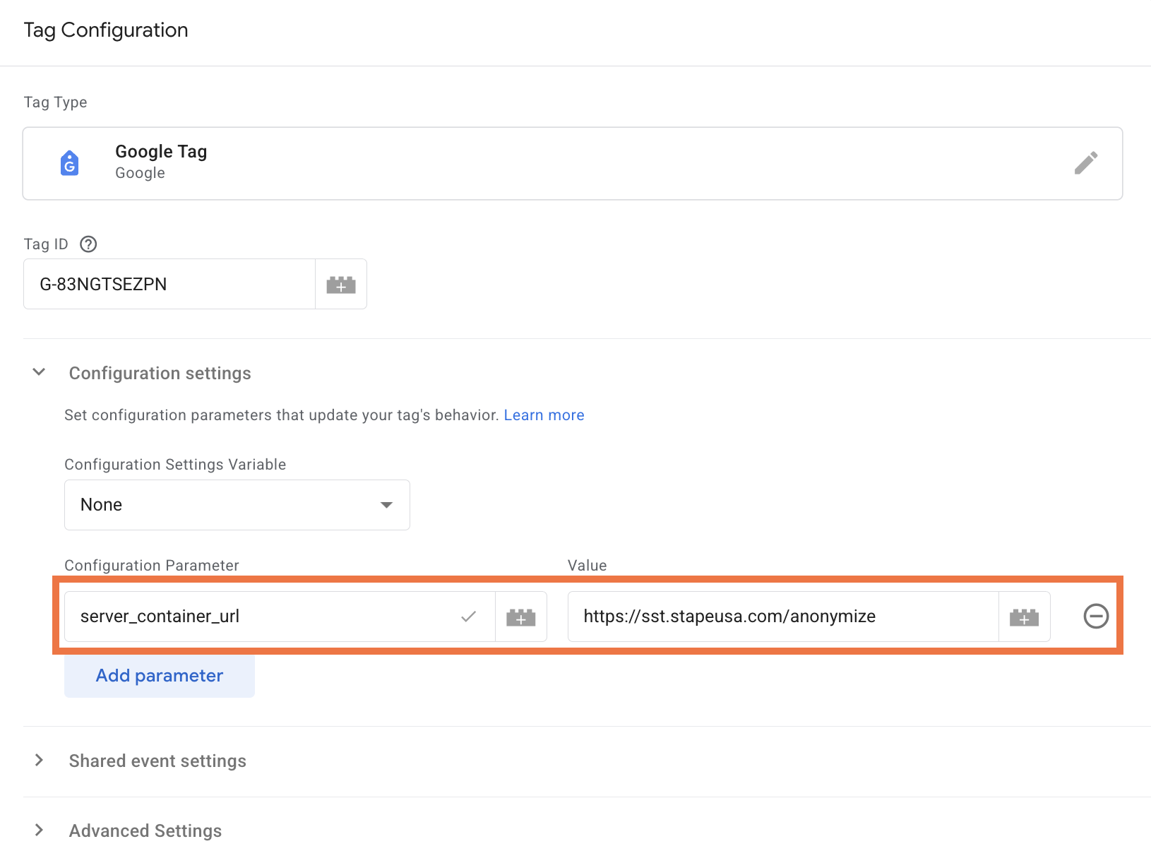 Paste the link as the Tagging Server URL in your web container’s Google tag
