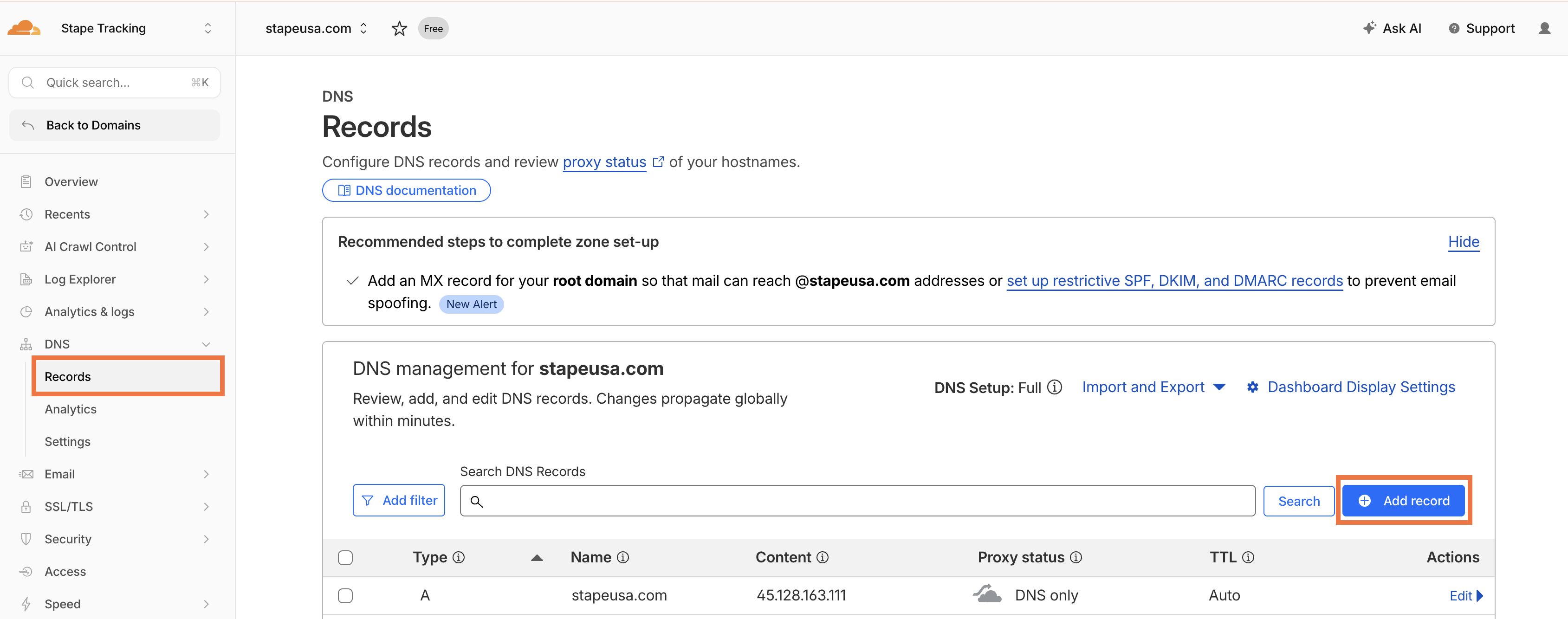 Cloudflare → Add record