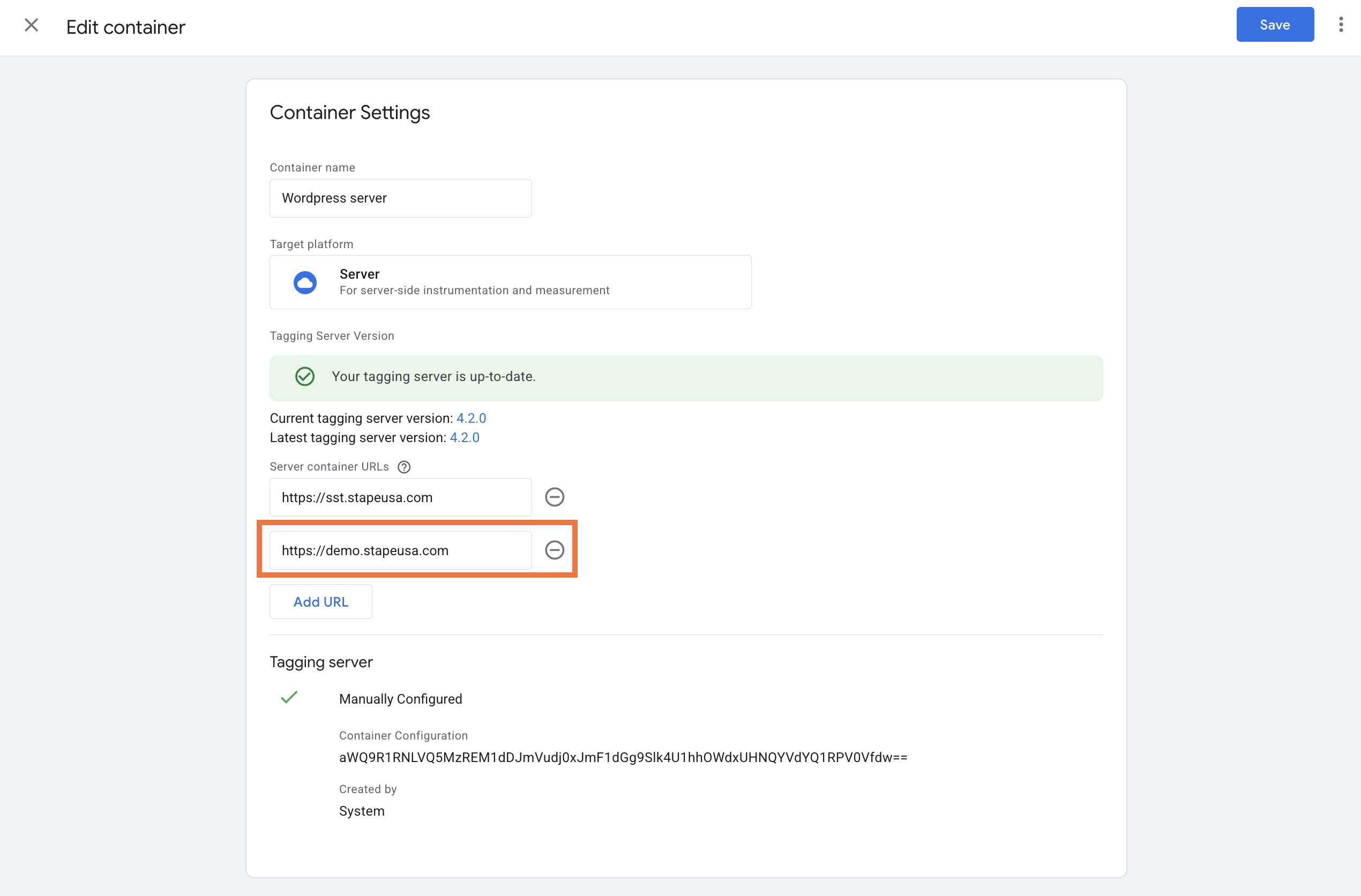click Add URL to add an additional tagging server URL