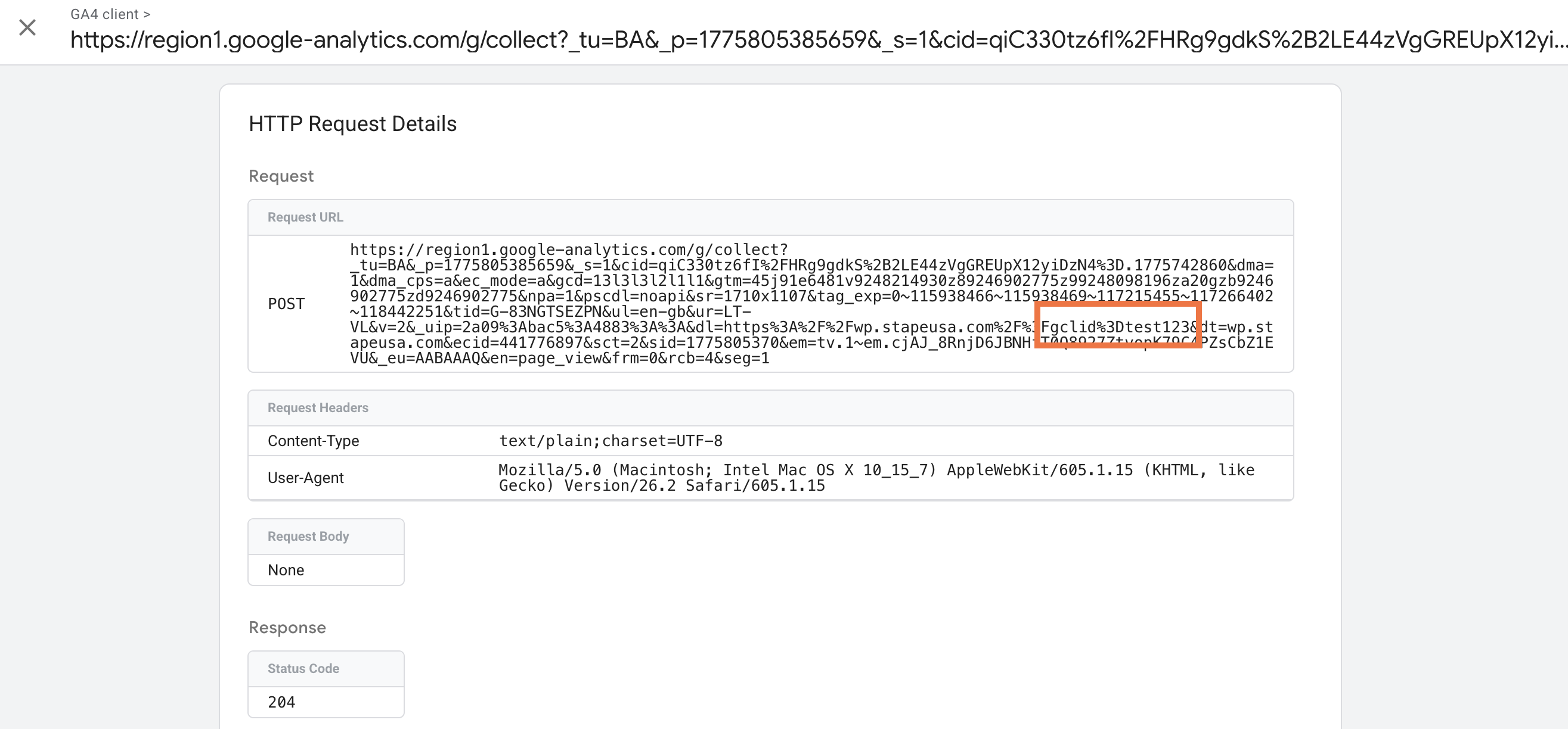 In the Request URL you should see gclid=test123