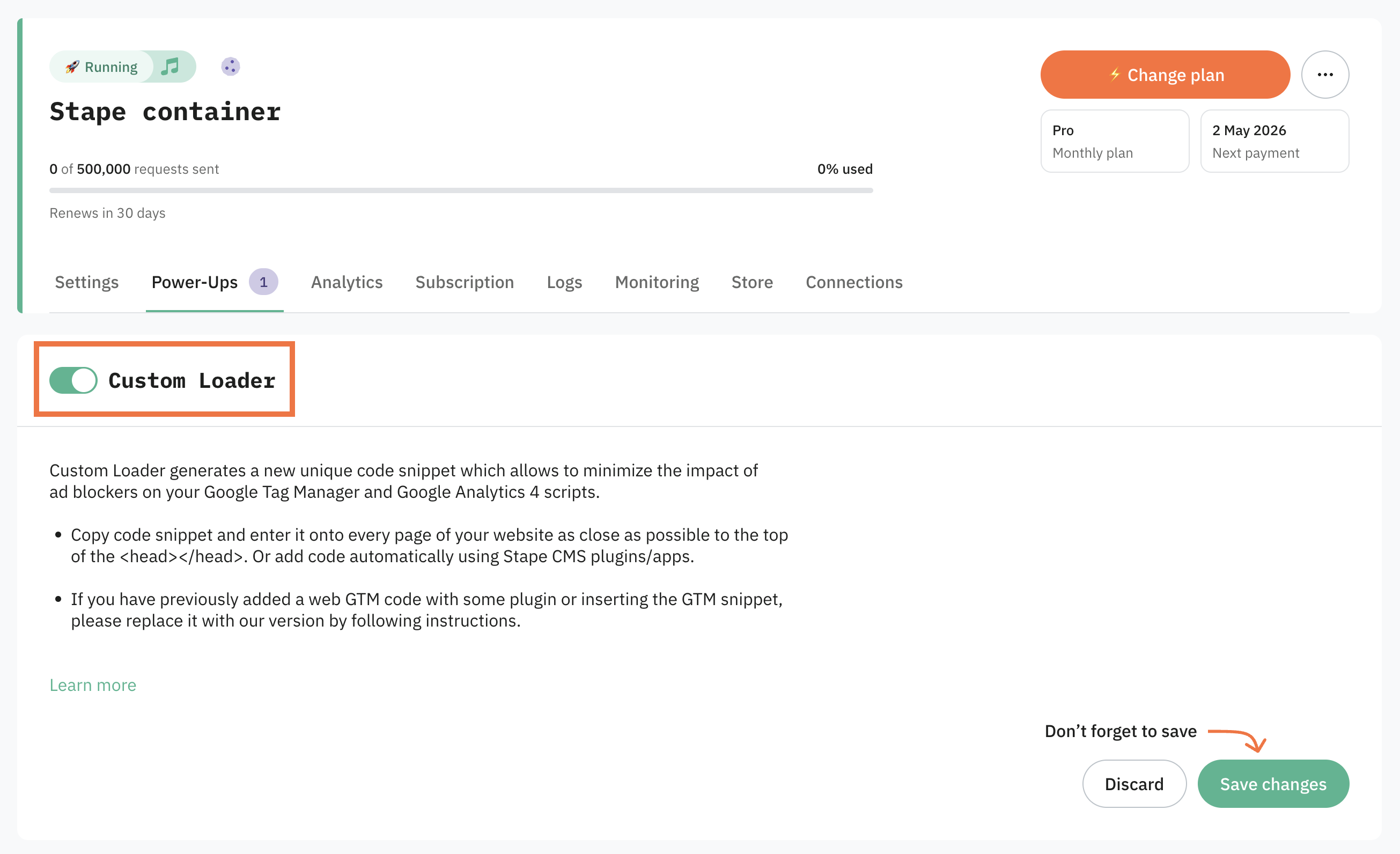 Toggle the Custom Loader switch to enable it and click Save changes