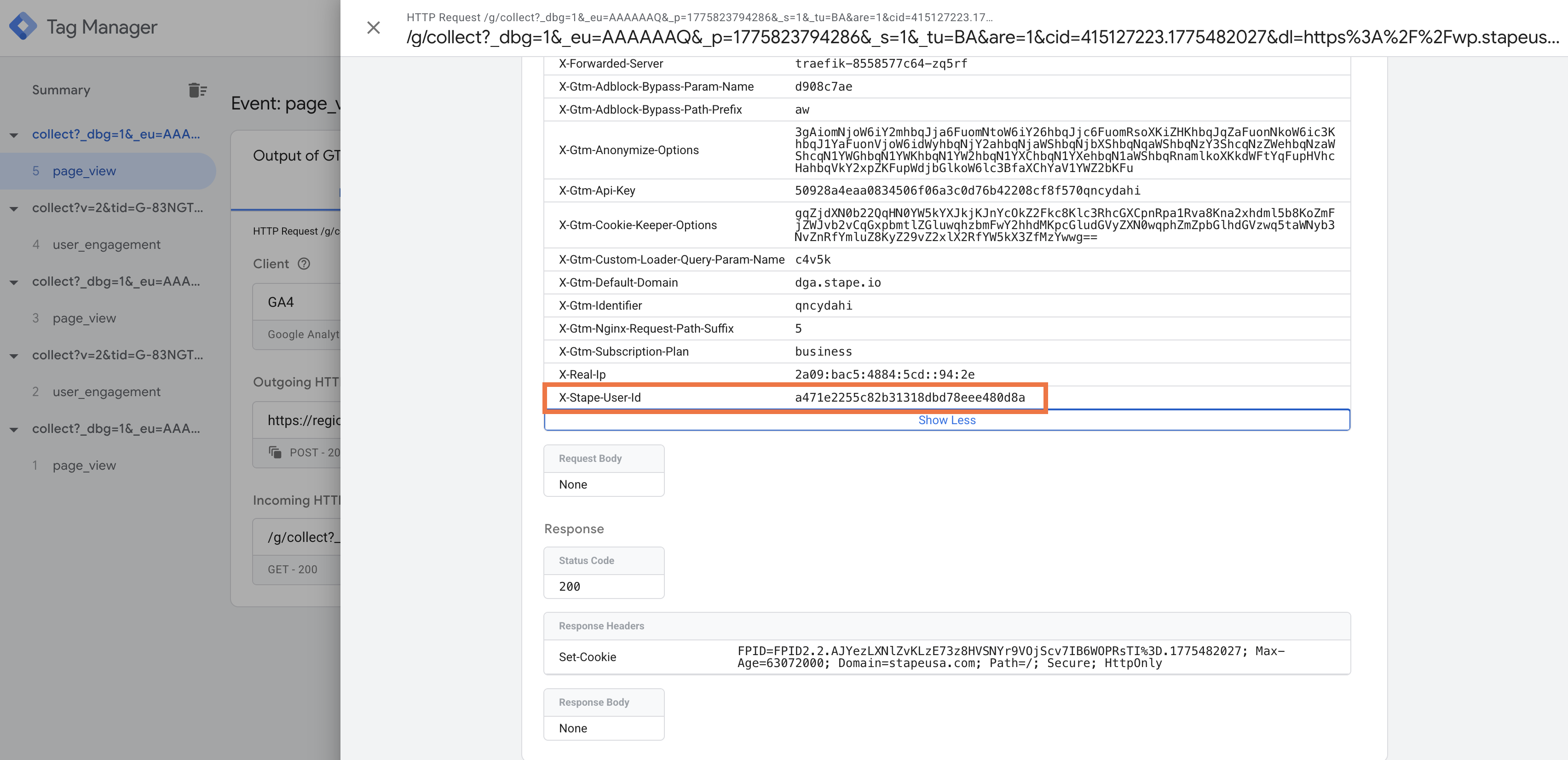 You should see X-Stape-User-Id listed under Request Headers