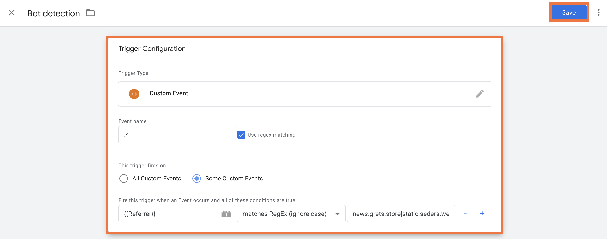 Under This trigger fires on, select Some Custom Events 