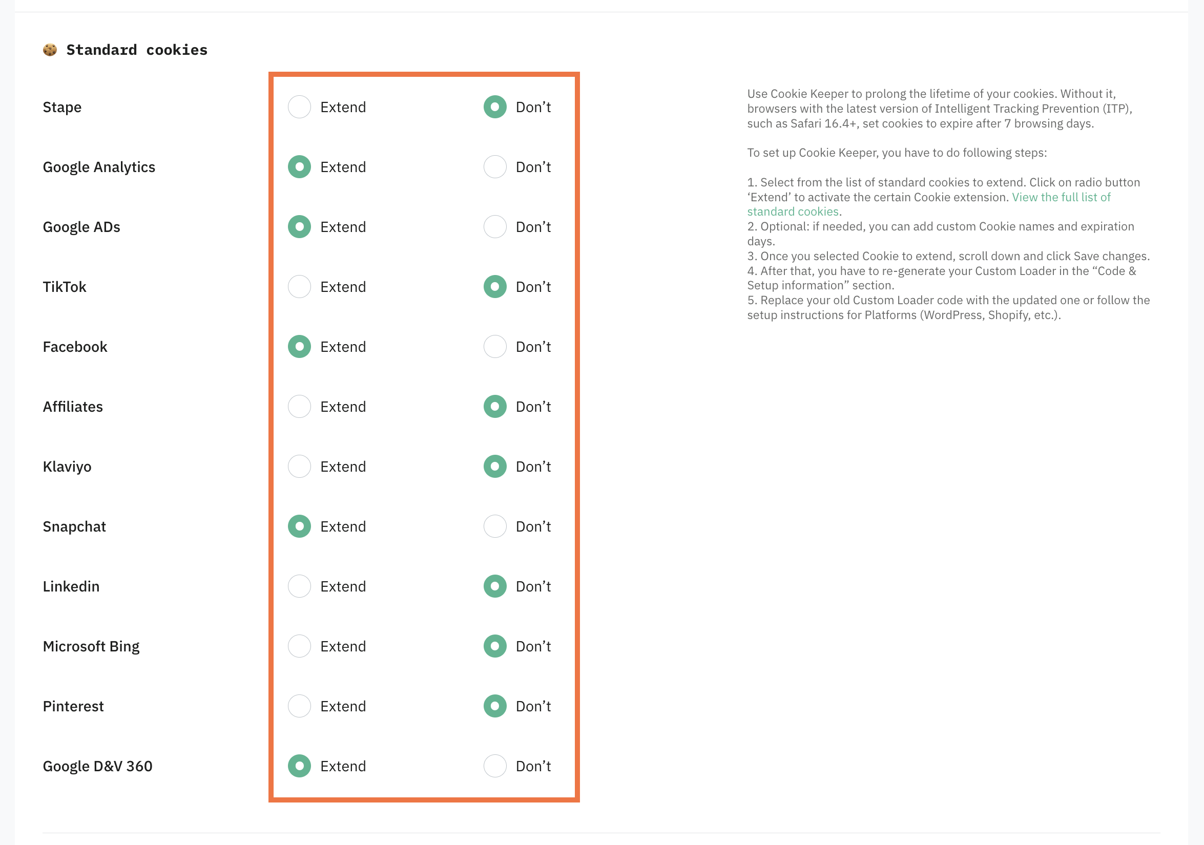 Under Standard cookies, select which cookies to extend.