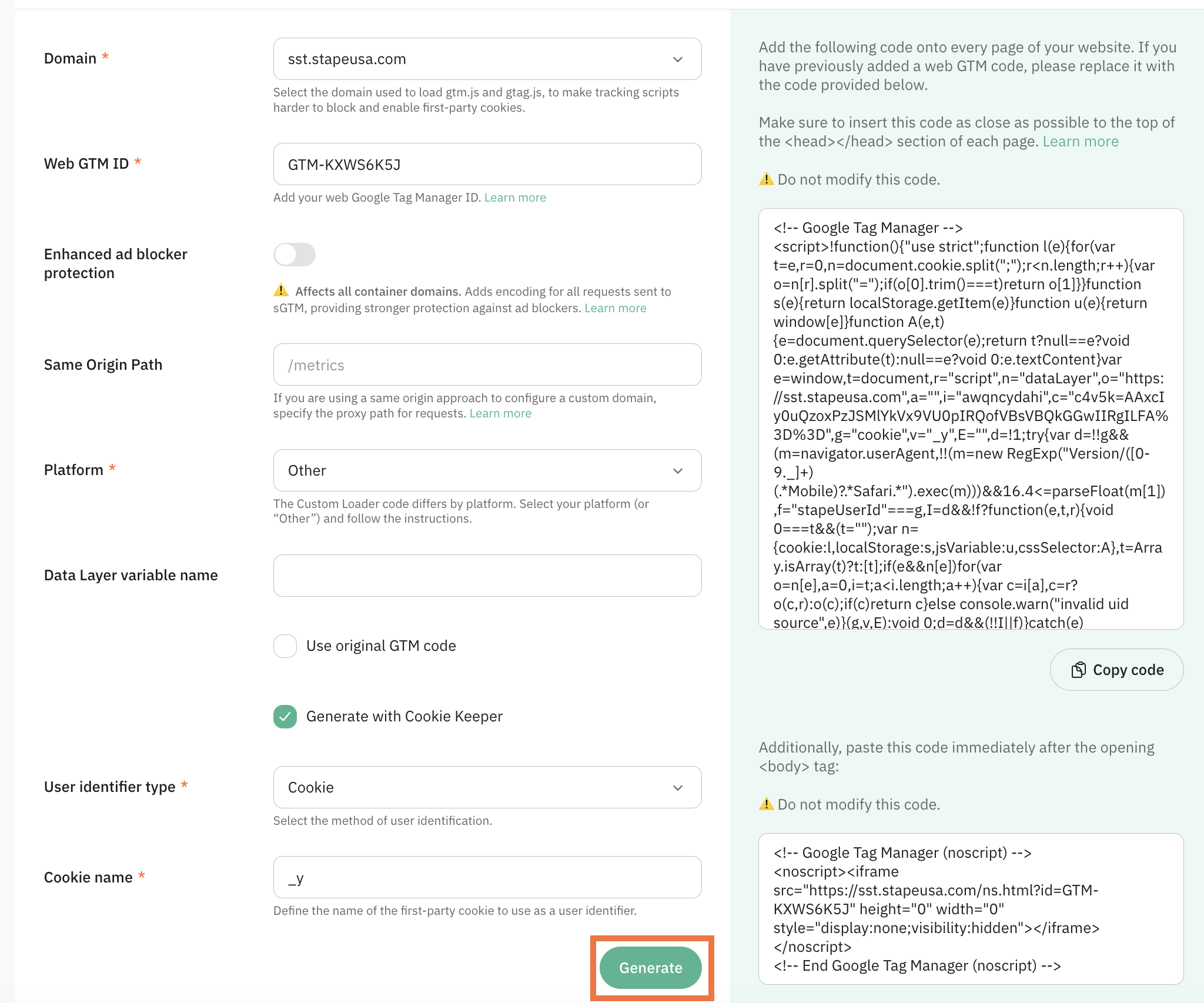 Click Generate and add the provided code to your website.