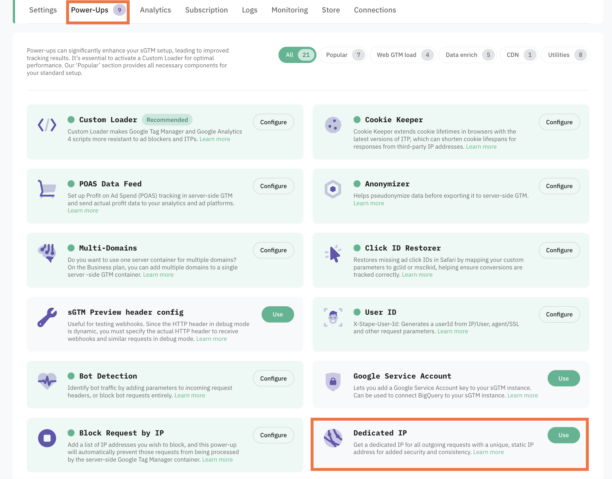 click Use next to the Dedicated IP panel