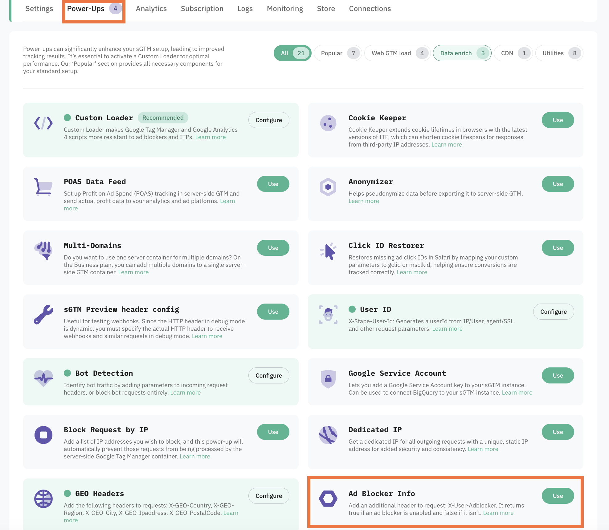 click Use next to the Ad Blocker Info panel
