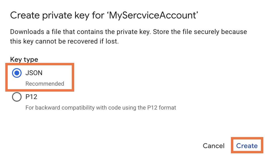 In the pop-up, select JSON and click Create